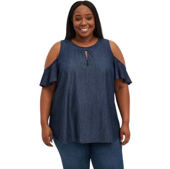 Kaari Blue Womens Plus Blue Denim Cold Shoulder Tunic Blouse Top Short Sleeve 1X - Picture 1 of 8